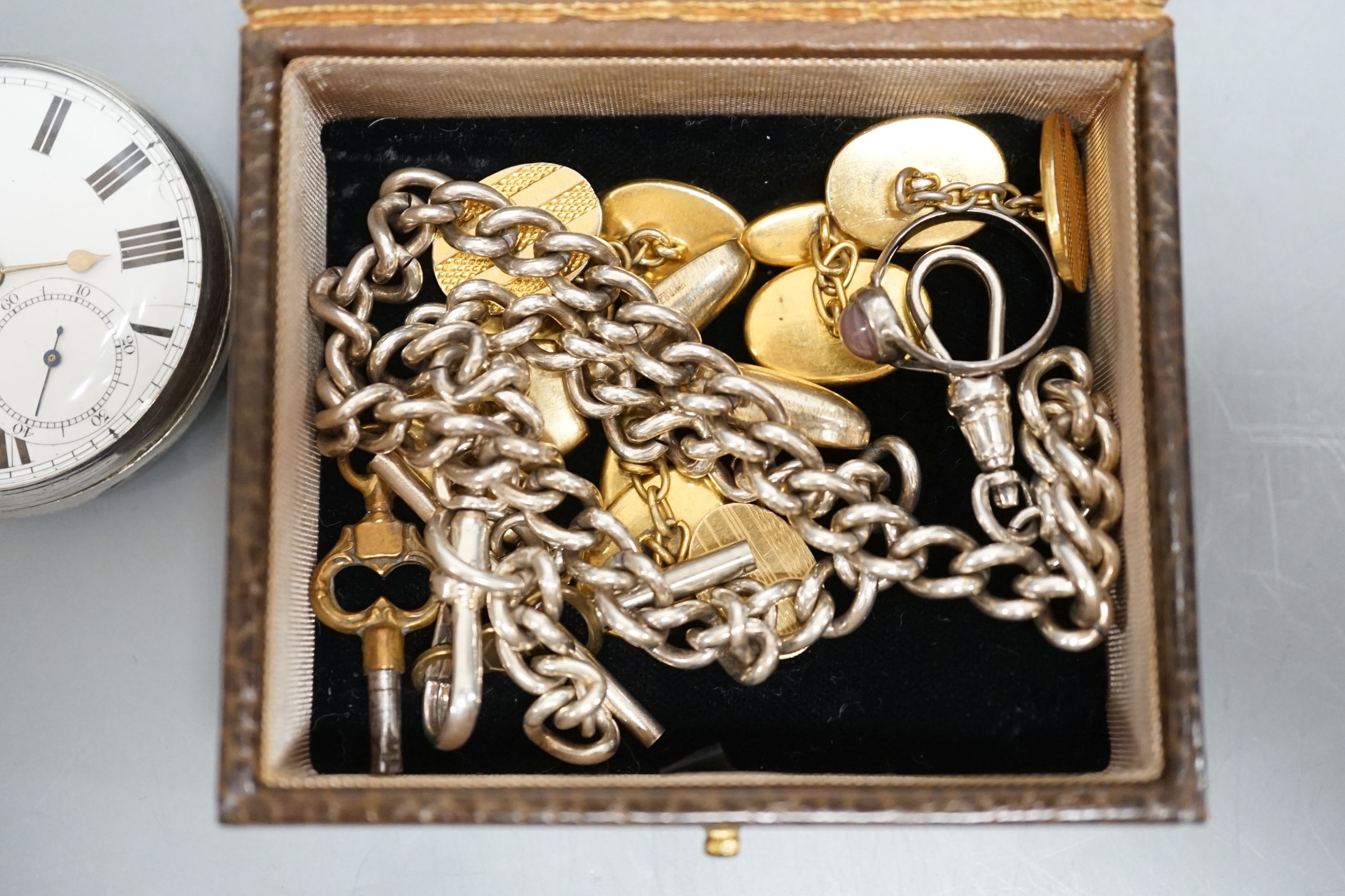 A Victorian silver open face pocket watch, with Roman dial, a metal albert and various gold plated cufflinks, watch key and white metal and agate ring.